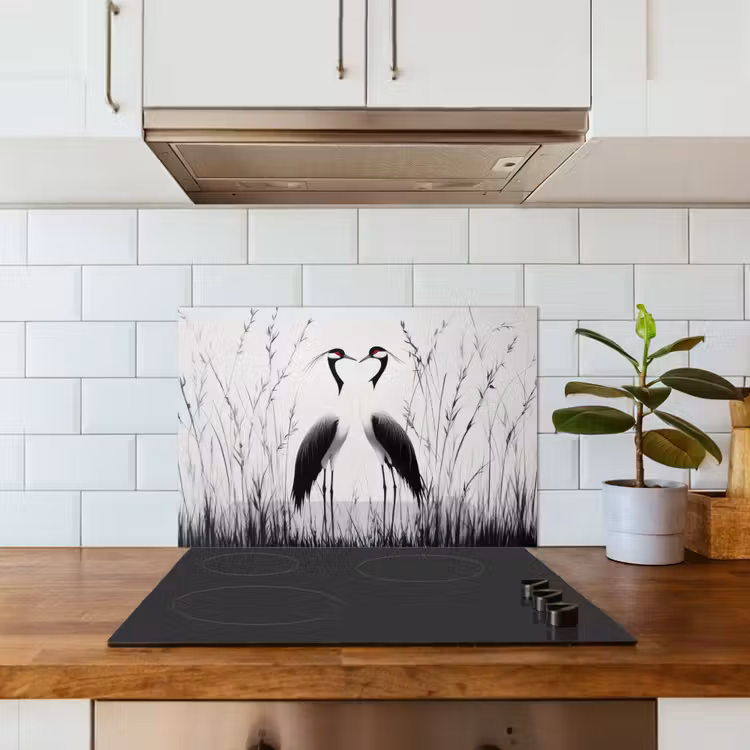 Kraanvogels - Gras - Hartvorm - Zwart keuken achterwand spatscherm klein -sfeer2