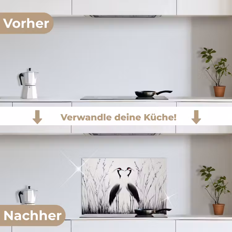 Kraanvogels - Gras - Hartvorm - Zwart keuken achterwand spatscherm klein -voor_na_DE