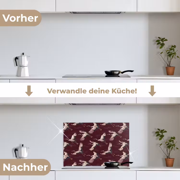 Kraanvogels - Klassiek - Bordeaux keuken achterwand spatscherm klein 900 -voor_na_DE