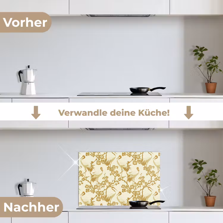 Kraanvogels - Kersenbloesem - Goud keuken achterwand spatscherm klein 900 -voor_na_DE