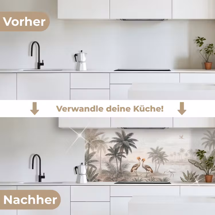 Kraanvogels - Palmbomen - Tropisch keuken achterwand 2 middel -voor-na_DE