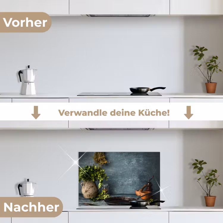 Kruiden - Specerijen - Pan - Mes - Grijs - Rustiek keuken achterwand spatscherm klein -voor_na_DE