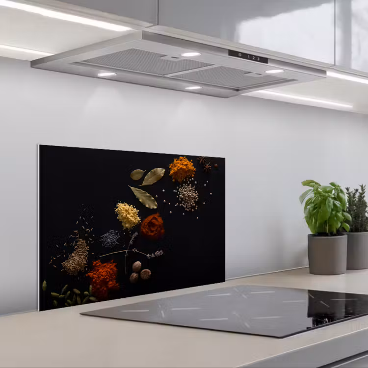Kruiden - Zwart - Specerijen - Keuken - Koken keuken achterwand spatscherm klein -3d_schuin