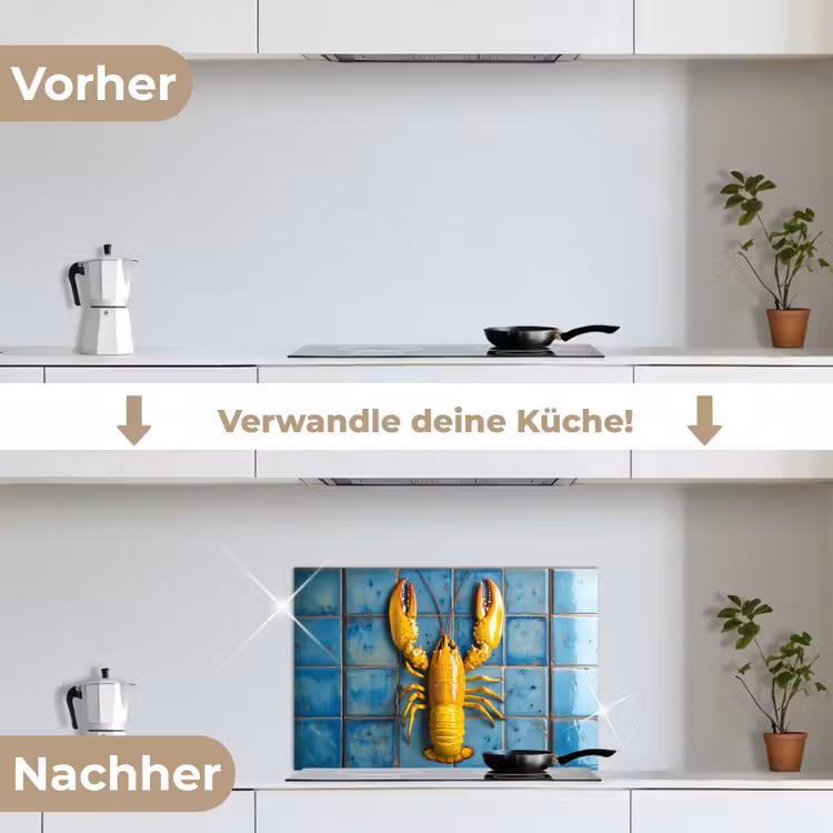 Kreeft - Geel - Blauw - Tegels keuken achterwand spatscherm klein -voor_na_DE