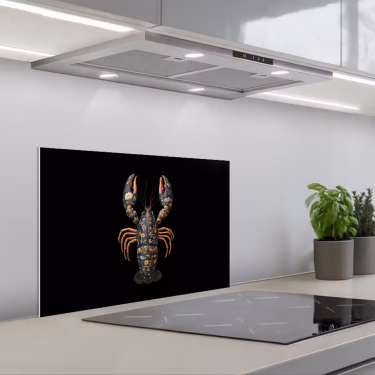 Kreeft - Zwart - Bloemenpatroon - Artistiek keuken achterwand spatscherm klein -3d_schuin