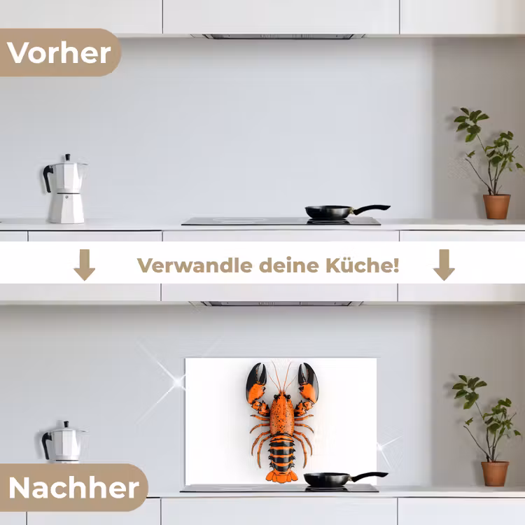 Kreeft - Zwart - Oranje - Wit - Uniek keuken achterwand spatscherm klein -voor_na_DE