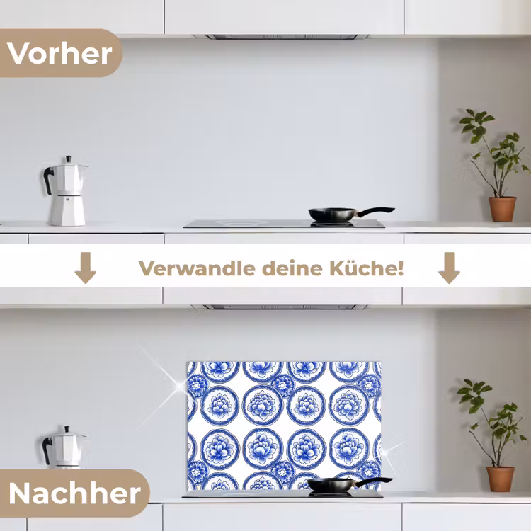Cirkels - Bloemen - Blauw keuken achterwand spatscherm klein 900 -voor_na_DE