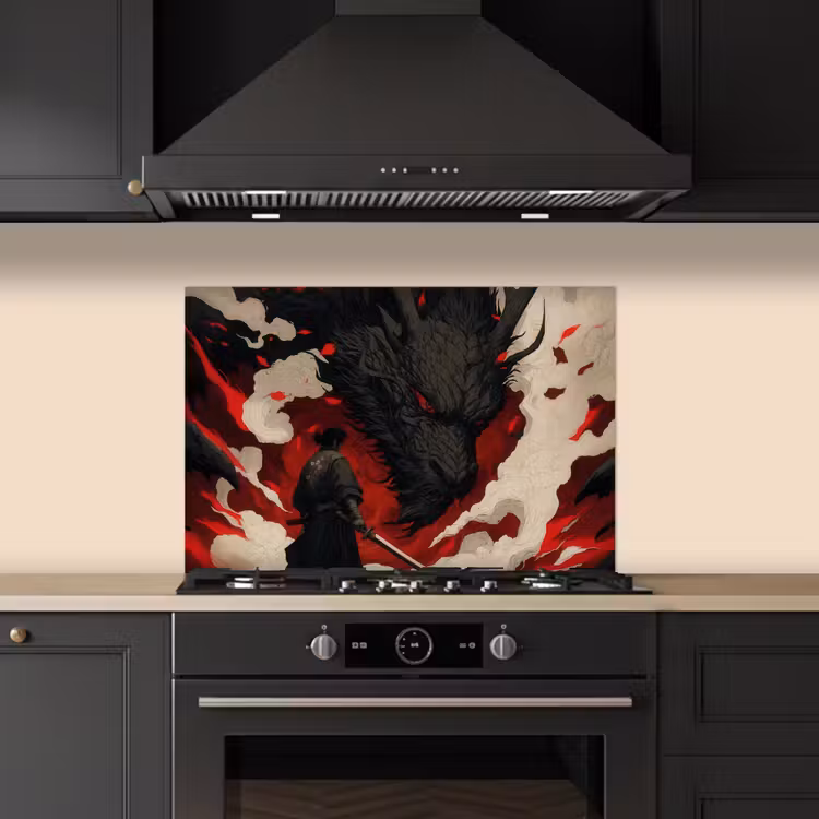 Krijger - Draak - Zwart - Rood - Rook keuken achterwand spatscherm klein -sfeer1