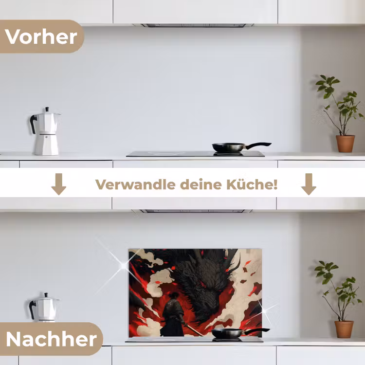Krijger - Draak - Zwart - Rood - Rook keuken achterwand spatscherm klein -voor_na_DE