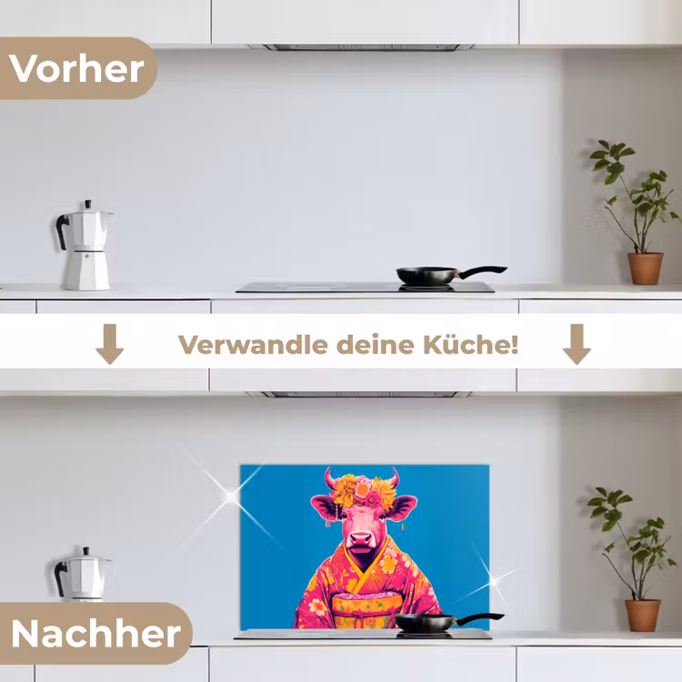 Koe - Bloemenkrans - Oorhangers - Kimono keuken achterwand spatscherm klein -voor_na_DE