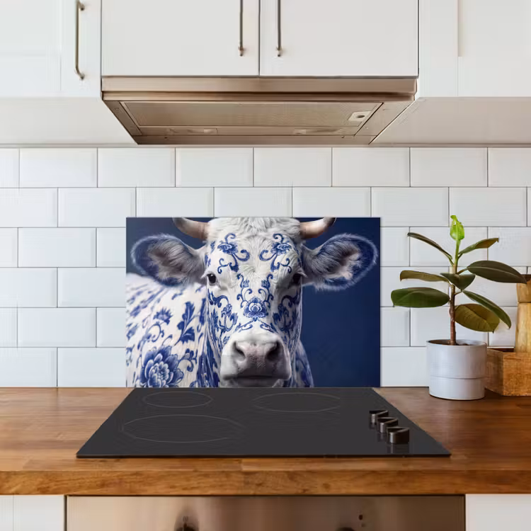 Koe - Delfts - Blauw - Artistiek keuken achterwand spatscherm klein -sfeer2