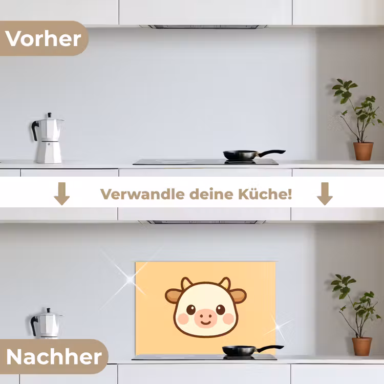 Koe - Oranje - Cartoon keuken achterwand spatscherm klein -voor_na_DE