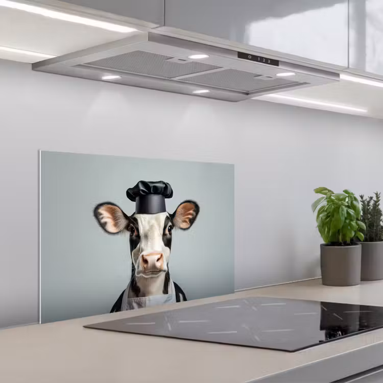 Koe - Zwart - Wit - Kok keuken achterwand spatscherm klein -3d_schuin