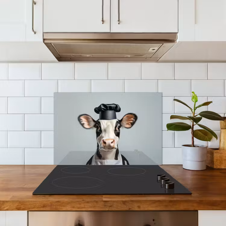 Koe - Zwart - Wit - Kok keuken achterwand spatscherm klein -sfeer2