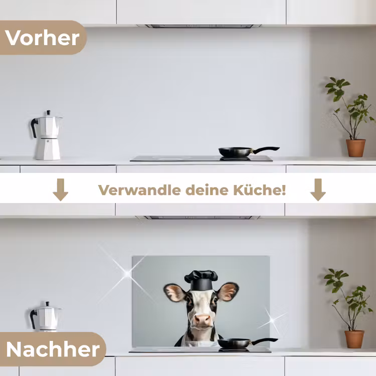 Koe - Zwart - Wit - Kok keuken achterwand spatscherm klein -voor_na_DE