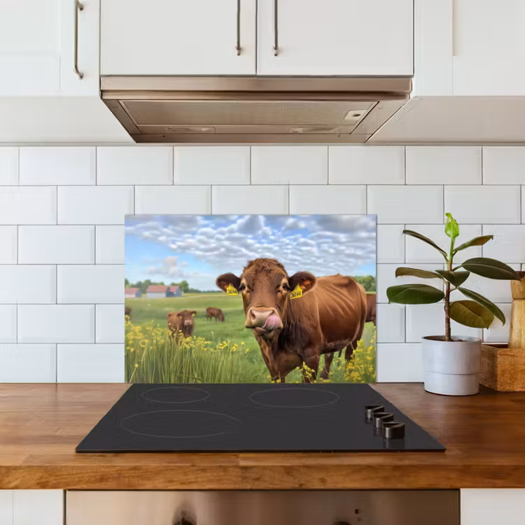 Koe - Weide - Bloemen keuken achterwand spatscherm klein -sfeer2