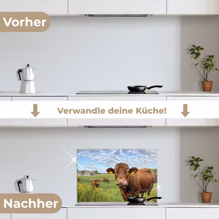 Koe - Weide - Bloemen keuken achterwand spatscherm klein -voor_na_DE