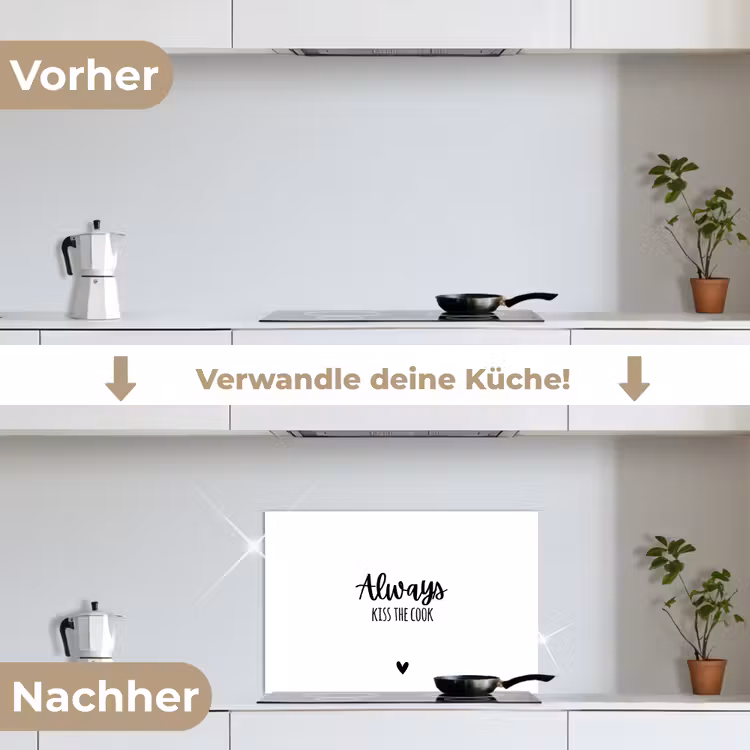 Always kiss the cook - Koken - Kok - Keuken - Spreuken keuken achterwand spatscherm klein -voor_na_DE