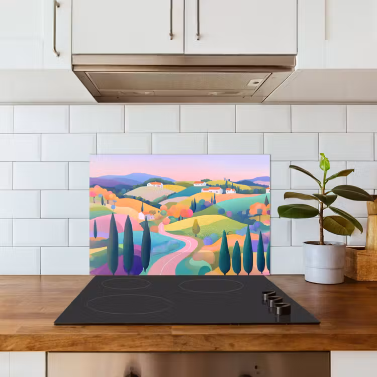 Landschap - Paars - Pastel - Huizen keuken achterwand spatscherm klein -sfeer2