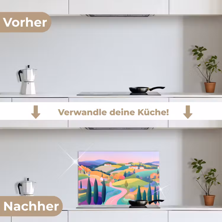 Landschap - Paars - Pastel - Huizen keuken achterwand spatscherm klein -voor_na_DE