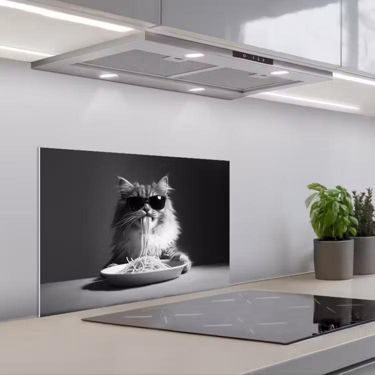 Langharige kat - Zonnebril - Spaghetti - Humor - Zwart - wit keuken achterwand spatscherm klein -3d_schuin