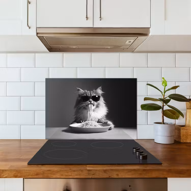 Langharige kat - Zonnebril - Spaghetti - Humor - Zwart - wit keuken achterwand spatscherm klein -sfeer2