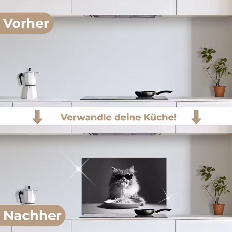 Langharige kat - Zonnebril - Spaghetti - Humor - Zwart - wit keuken achterwand spatscherm klein -voor_na_DE