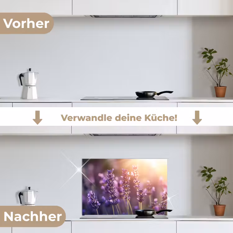 Lavendelbloemen - Paars - Zonlicht keuken achterwand spatscherm klein -voor_na_DE