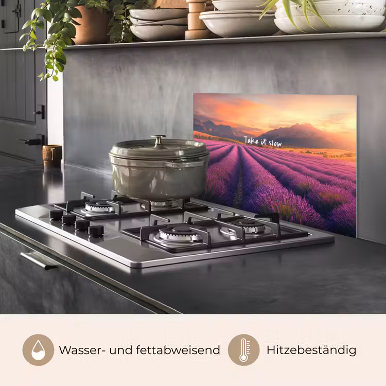 Lavendelveld - Quote - Zonsondergang keuken achterwand spatscherm klein -usp_DE