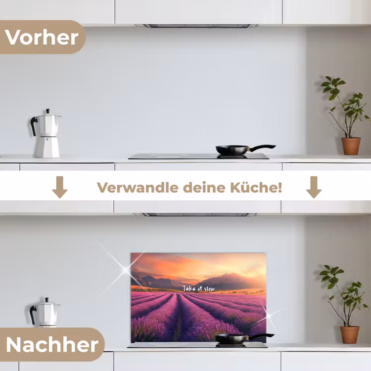 Lavendelveld - Quote - Zonsondergang keuken achterwand spatscherm klein -voor_na_DE