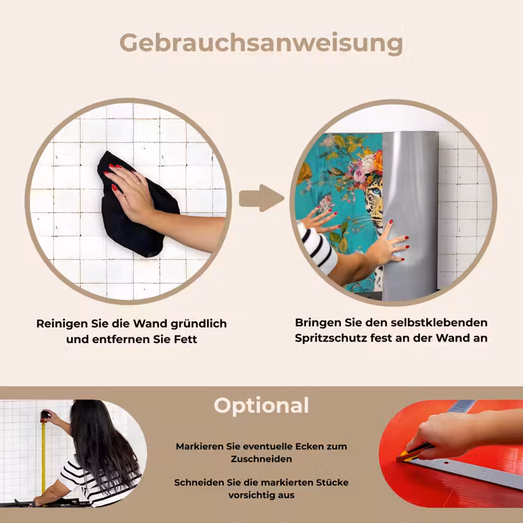 Luipaard - Bloemen - Kroon keuken achterwand spatscherm klein -gebruiksaanwijzing_DE