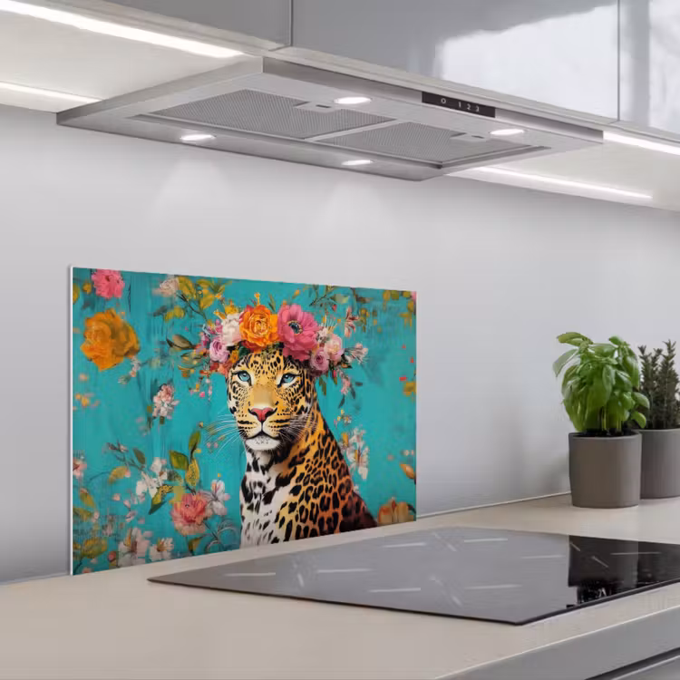 Luipaard - Bloemen - Kroon keuken achterwand spatscherm klein -3d_schuin
