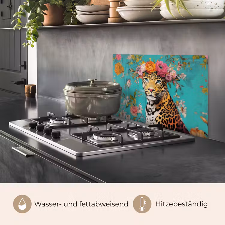 Luipaard - Bloemen - Kroon keuken achterwand spatscherm klein -usp_DE