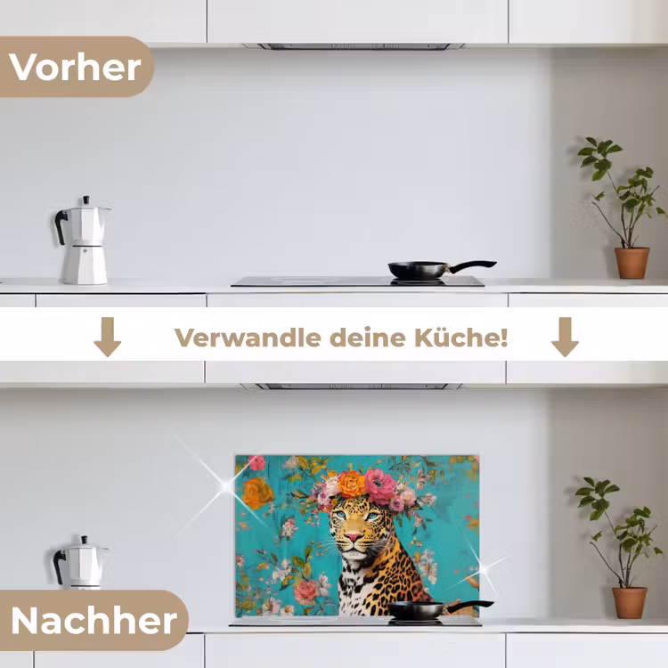 Luipaard - Bloemen - Kroon keuken achterwand spatscherm klein -voor_na_DE