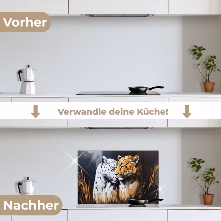 Luipaard - Oranje - Wit - Gras keuken achterwand spatscherm klein -voor_na_DE