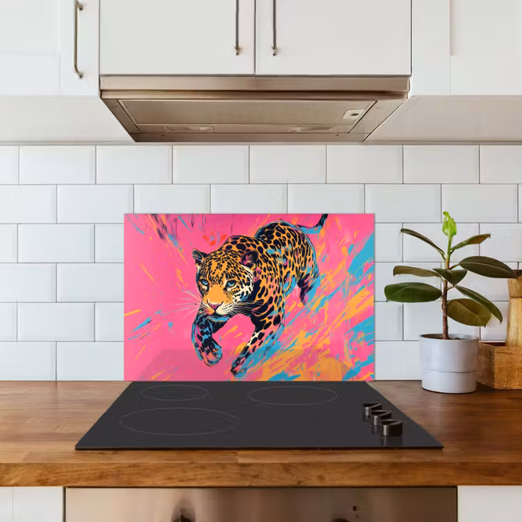 Luipaard - Roze - Oranje - Blauw - Verf keuken achterwand spatscherm klein -sfeer2
