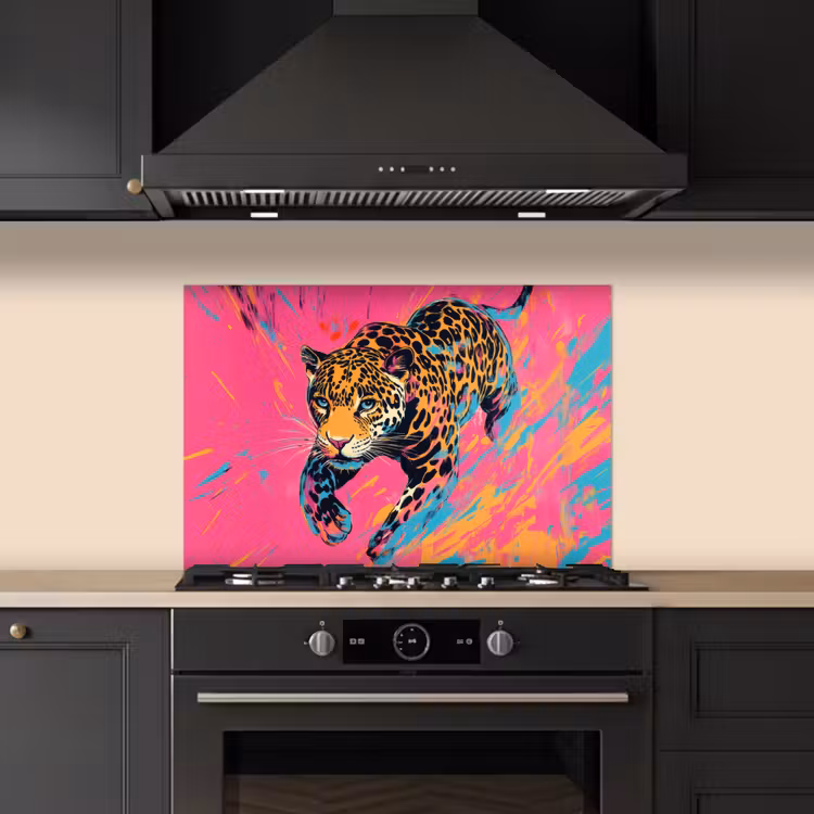 Luipaard - Roze - Oranje - Blauw - Verf keuken achterwand spatscherm klein -sfeer1