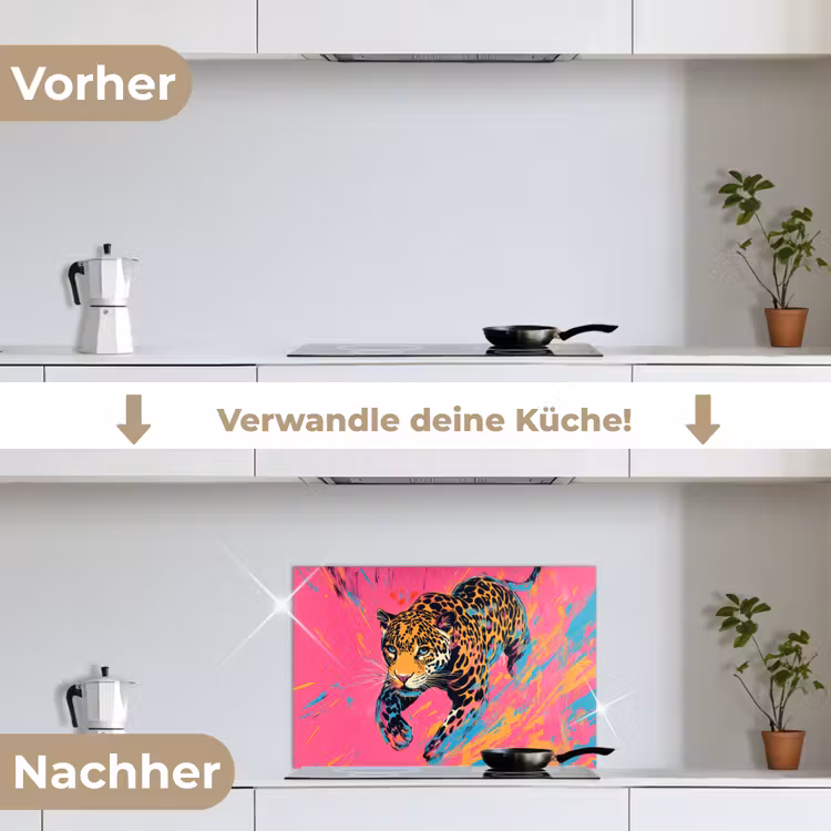 Luipaard - Roze - Oranje - Blauw - Verf keuken achterwand spatscherm klein -voor_na_DE