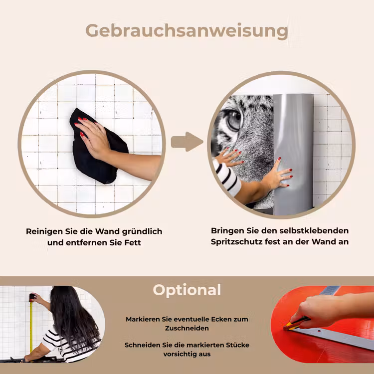 Luipaard - Zwart - Wit - Oog keuken achterwand spatscherm klein -gebruiksaanwijzing_DE