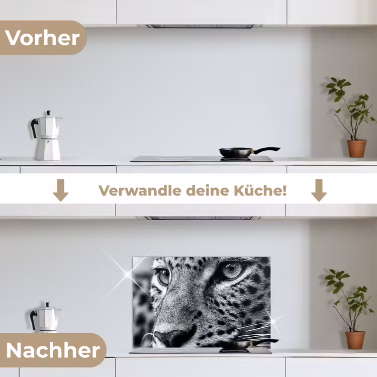 Luipaard - Zwart - Wit - Oog keuken achterwand spatscherm klein -voor_na_DE
