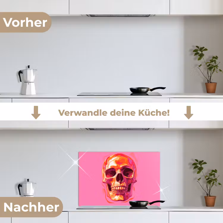 Felroze - Tanden - Schedel keuken achterwand spatscherm klein -voor_na_DE
