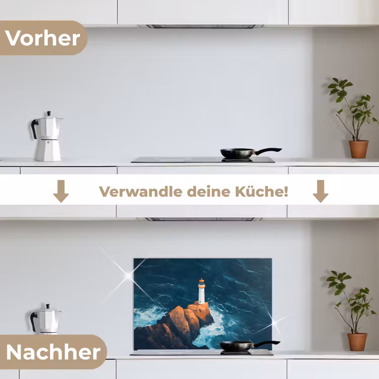 Vuurtoren - Rots - Zee - Golven keuken achterwand spatscherm klein -voor_na_DE