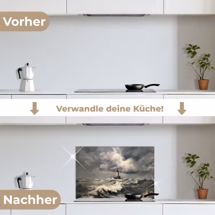 Vuurtoren - Golven - Storm keuken achterwand spatscherm klein -voor_na_DE