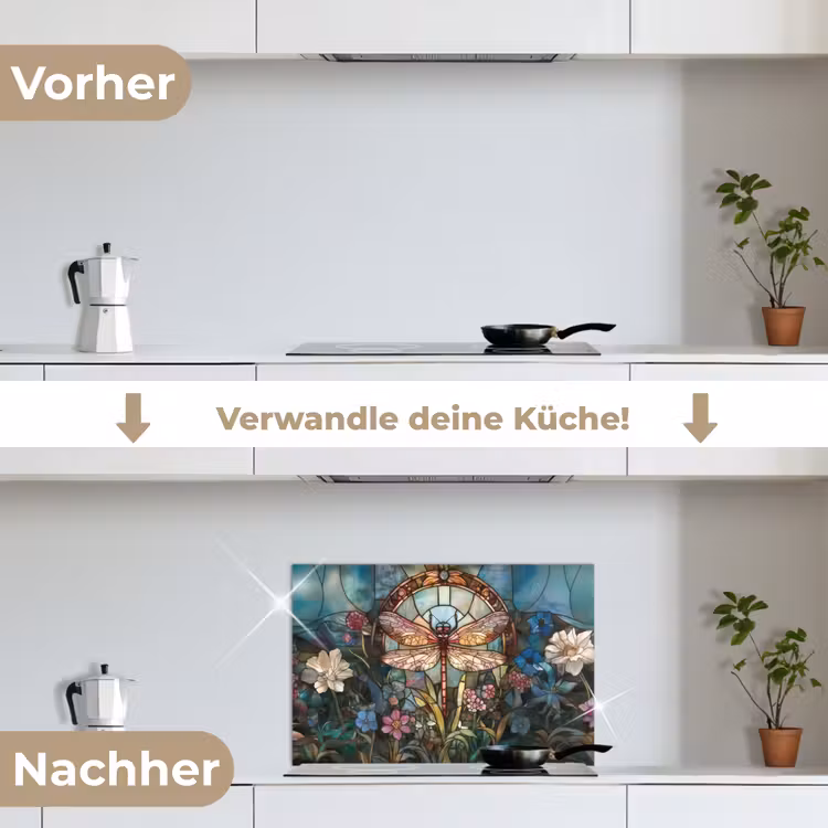 Libelle - Mozaïek - Bloemen - Kleurrijk keuken achterwand spatscherm klein -voor_na_DE