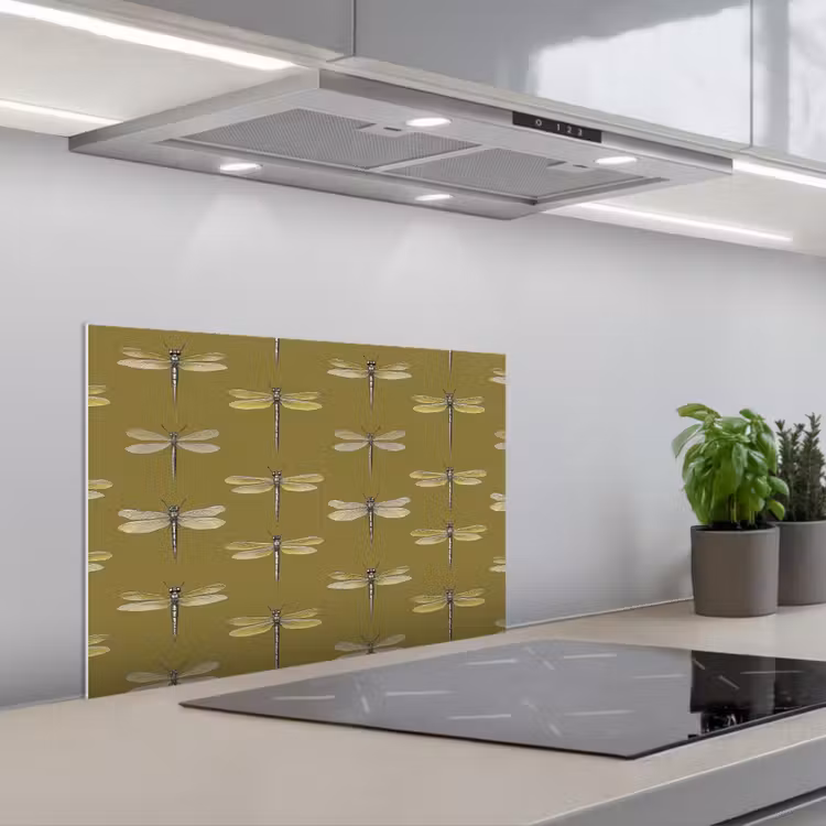 Libellen - Patroon - Groen keuken achterwand spatscherm klein 900 -3d_schuin