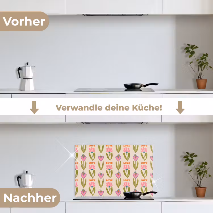 Love - Patroon - Bloemen - Hartjes keuken achterwand spatscherm klein 900 -voor_na_DE