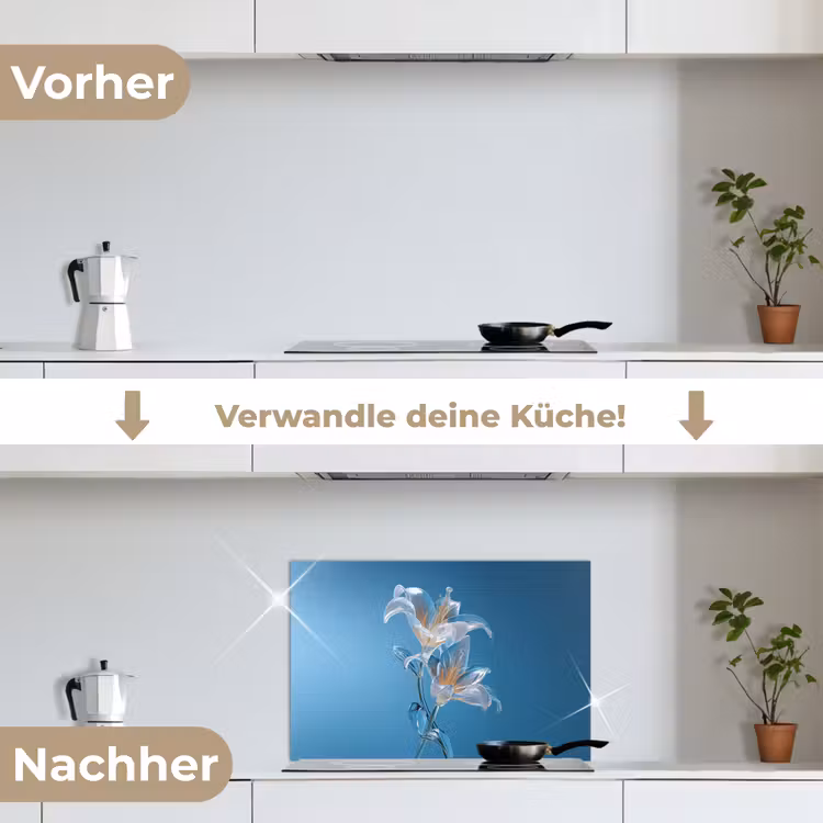 Lelies - Blauw - Glazen keuken achterwand spatscherm klein -voor_na_DE