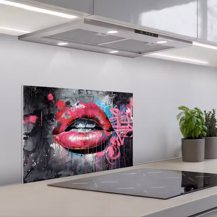 Lippen - Felroze - Graffiti - Verfstrepen keuken achterwand spatscherm klein -3d_schuin