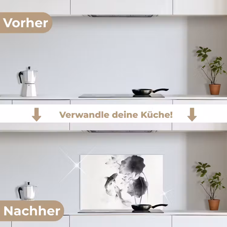 Lotusbloemen - Vissen - Bladeren - Zwart keuken achterwand spatscherm klein -voor_na_DE