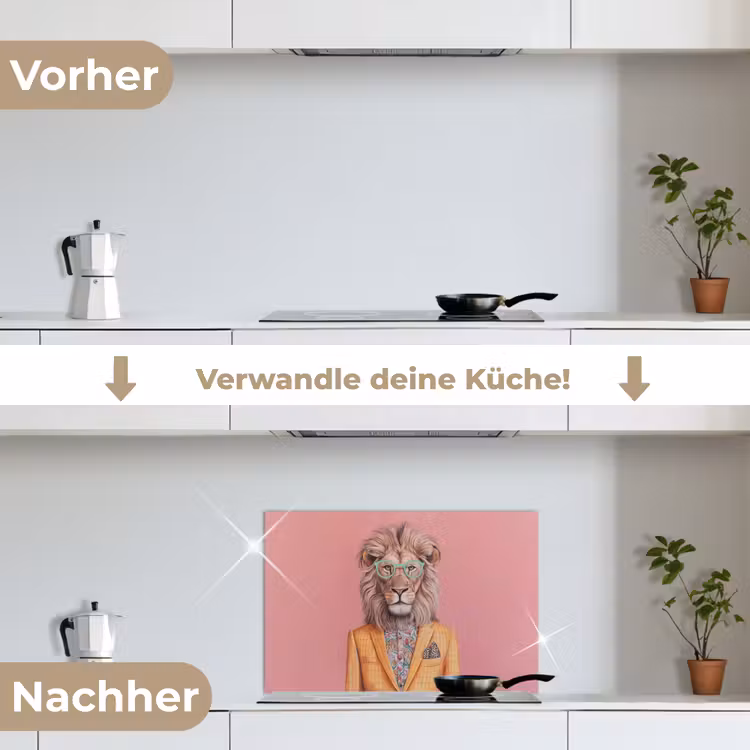 Leeuw - Pak - Geruit - Bril keuken achterwand spatscherm klein -voor_na_DE